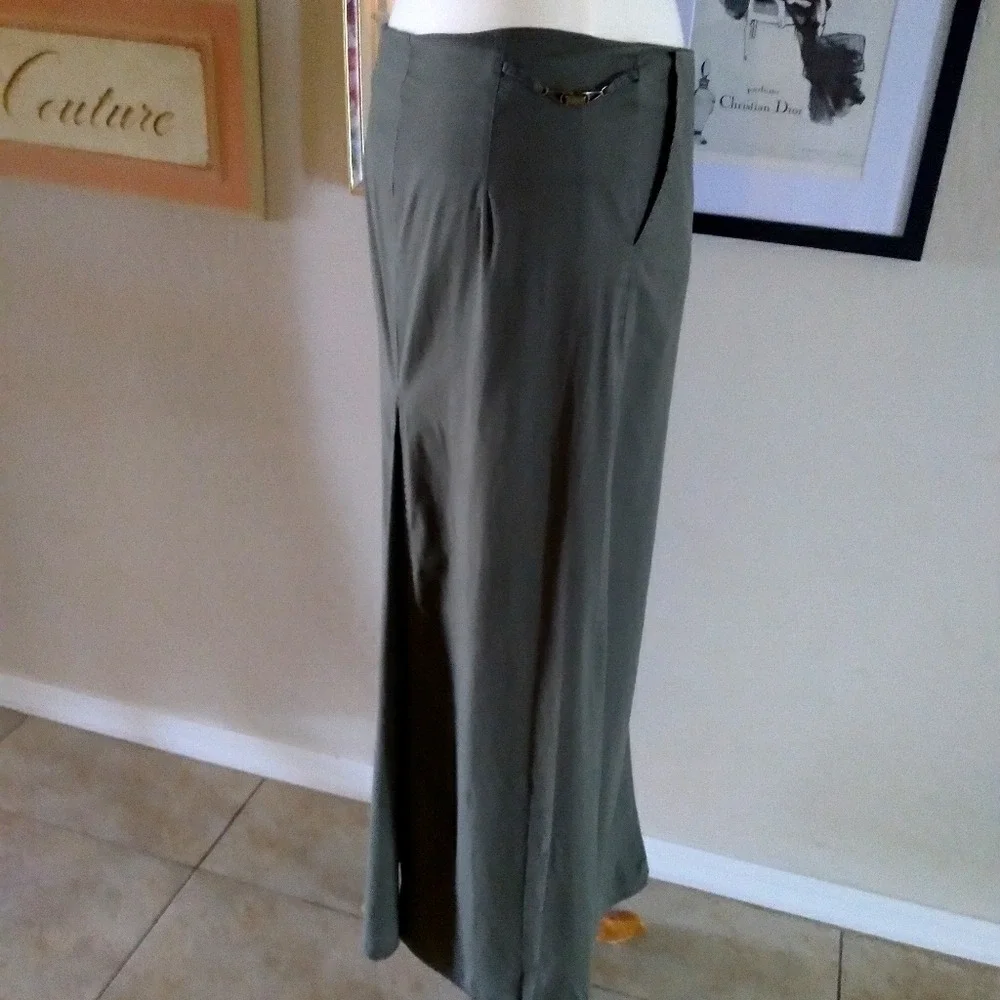 90s Vintage Olive Green Maxi Skirt‎ Low Waist A Line Full Length Skirt